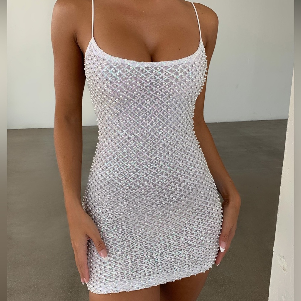 Oh Polly White Iridescent Beaded Mini Dress